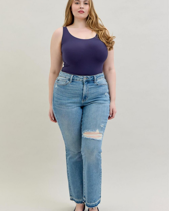 Judy Blue Mid Rise Destroy & Release Hem Bootcut Denim Jeans 88632