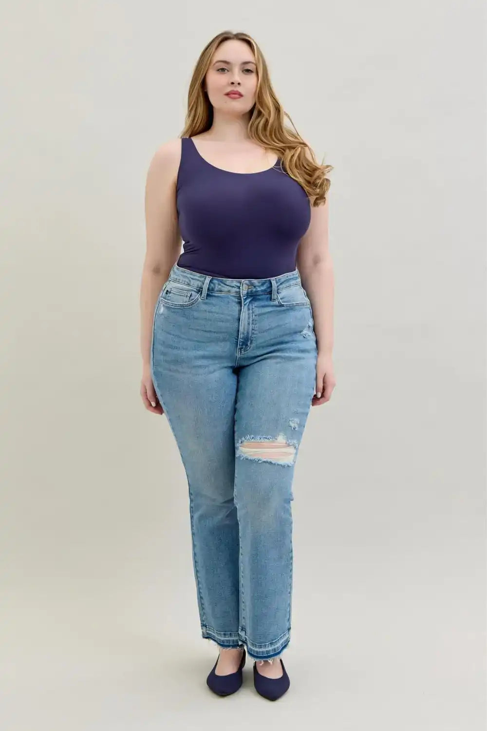 Judy Blue Mid Rise Destroy & Release Hem Bootcut Denim Jeans 88632 - Sleekdenim.com