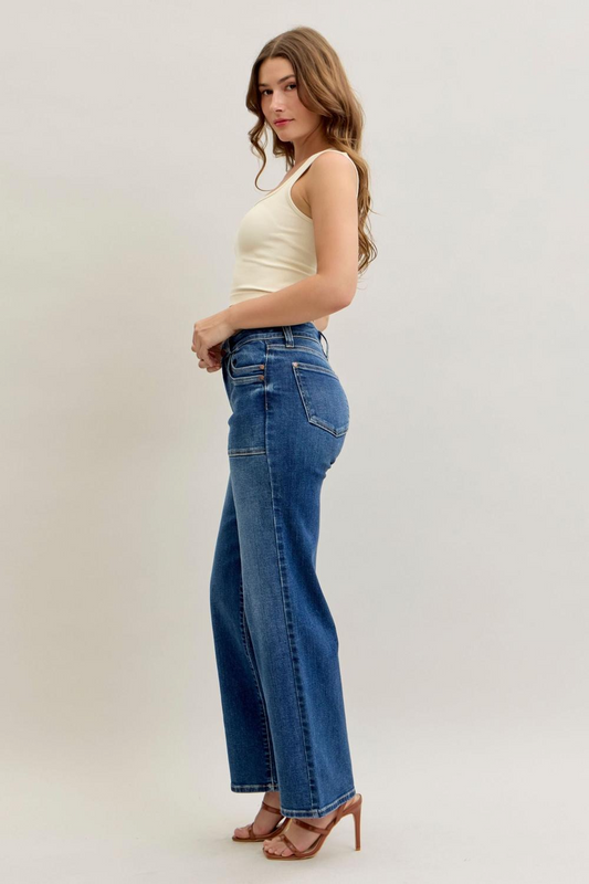 Judy Blue Mid Rise 90's Front Patch Double Pocket Straight Denim Jeans 82680 - Sleekdenim.com