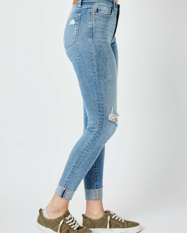 Judy Blue Mid Rise Destroy & Cuff Skinny Denim Jeans 82528