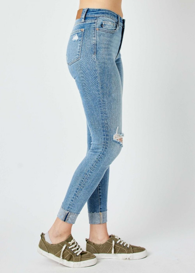 Judy Blue Mid Rise Destroy & Cuff Skinny Denim Jeans 82528