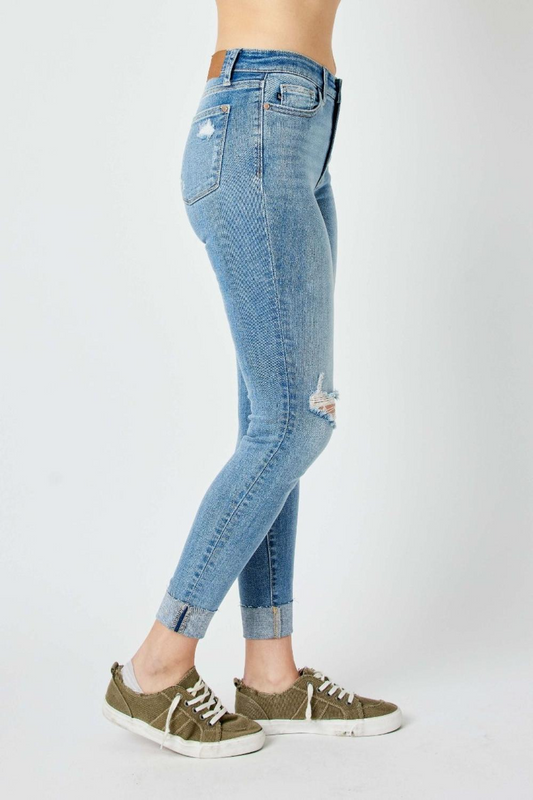 Judy Blue Mid Rise Destroy & Cuff Skinny Denim Jeans 82528