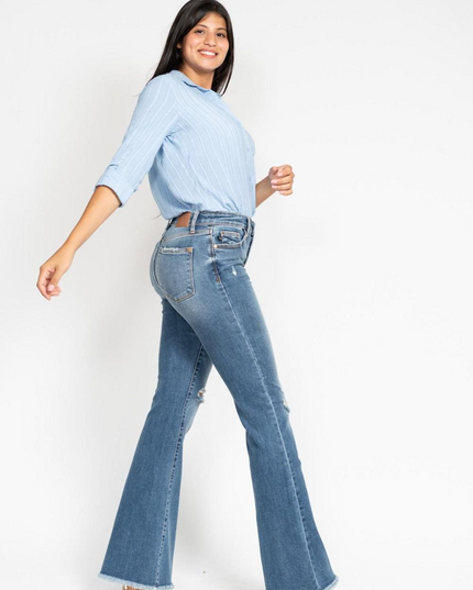 Judy Blue Mid Rise Button Fly Destroyed Fray Hem Flare Denim Jeans 82638 - Sleekdenim.com