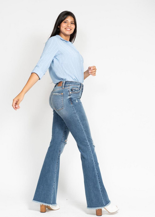 Judy Blue Mid Rise Button Fly Destroyed Fray Hem Flare Denim Jeans 82638 - Sleekdenim.com
