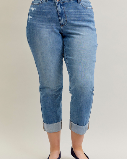 Judy Blue High Waist Criss-Cross Mild Destroy Single Cuff Boyfriend Denim Jeans 881003