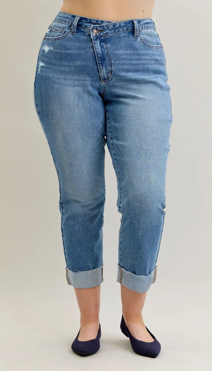 Judy Blue High Waist Criss-Cross Mild Destroy Single Cuff Boyfriend Denim Jeans 881003 - Sleekdenim.com
