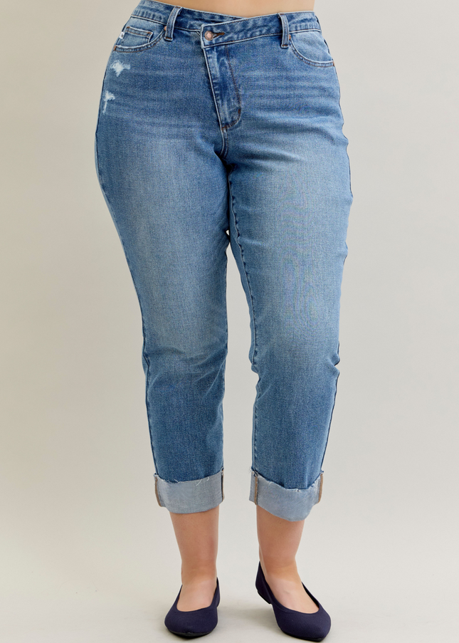 Judy Blue High Waist Criss-Cross Mild Destroy Single Cuff Boyfriend Denim Jeans 881003