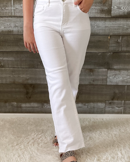 Spring in Step Tummy Control Top High Rise Raw Hem Straight Leg Regular & Plus Sizes - Sleekdenim.com