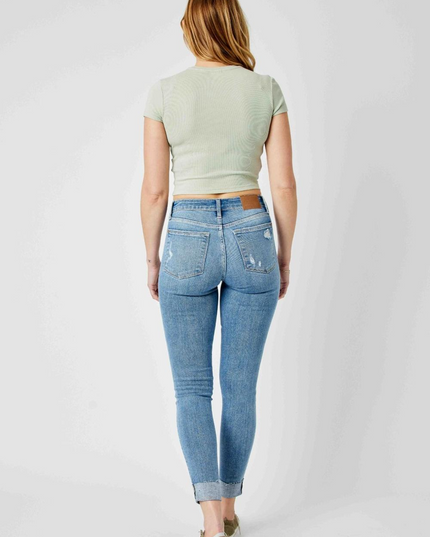 Judy Blue Mid Rise Destroy & Cuff Skinny Denim Jeans 82528