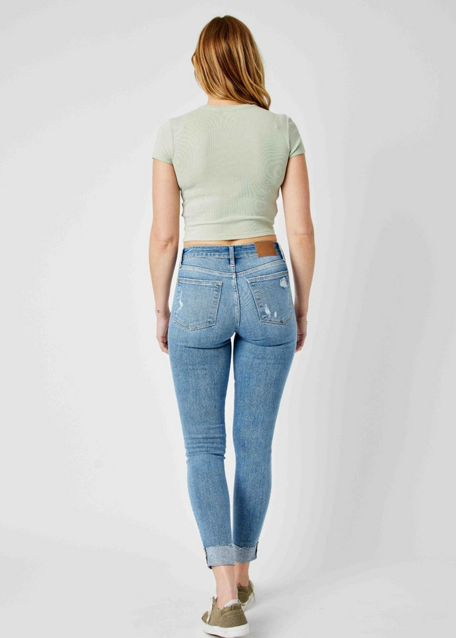 Judy Blue Mid Rise Destroy & Cuff Skinny Denim Jeans 82528