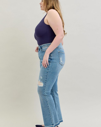 Judy Blue Mid Rise Destroy & Release Hem Bootcut Denim Jeans 88632