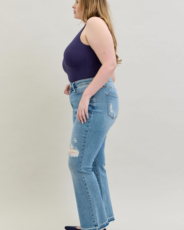 Judy Blue Mid Rise Destroy & Release Hem Bootcut Denim Jeans 88632