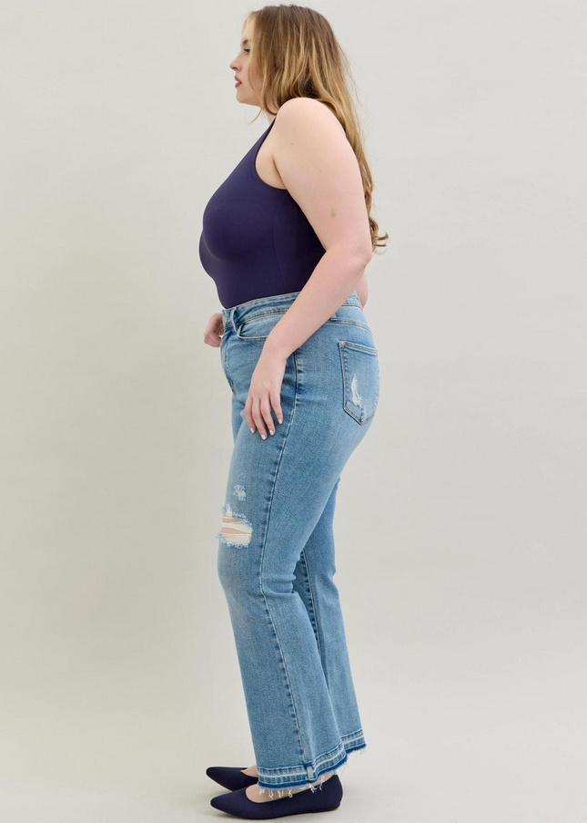 Judy Blue Mid Rise Destroy & Release Hem Bootcut Denim Jeans 88632