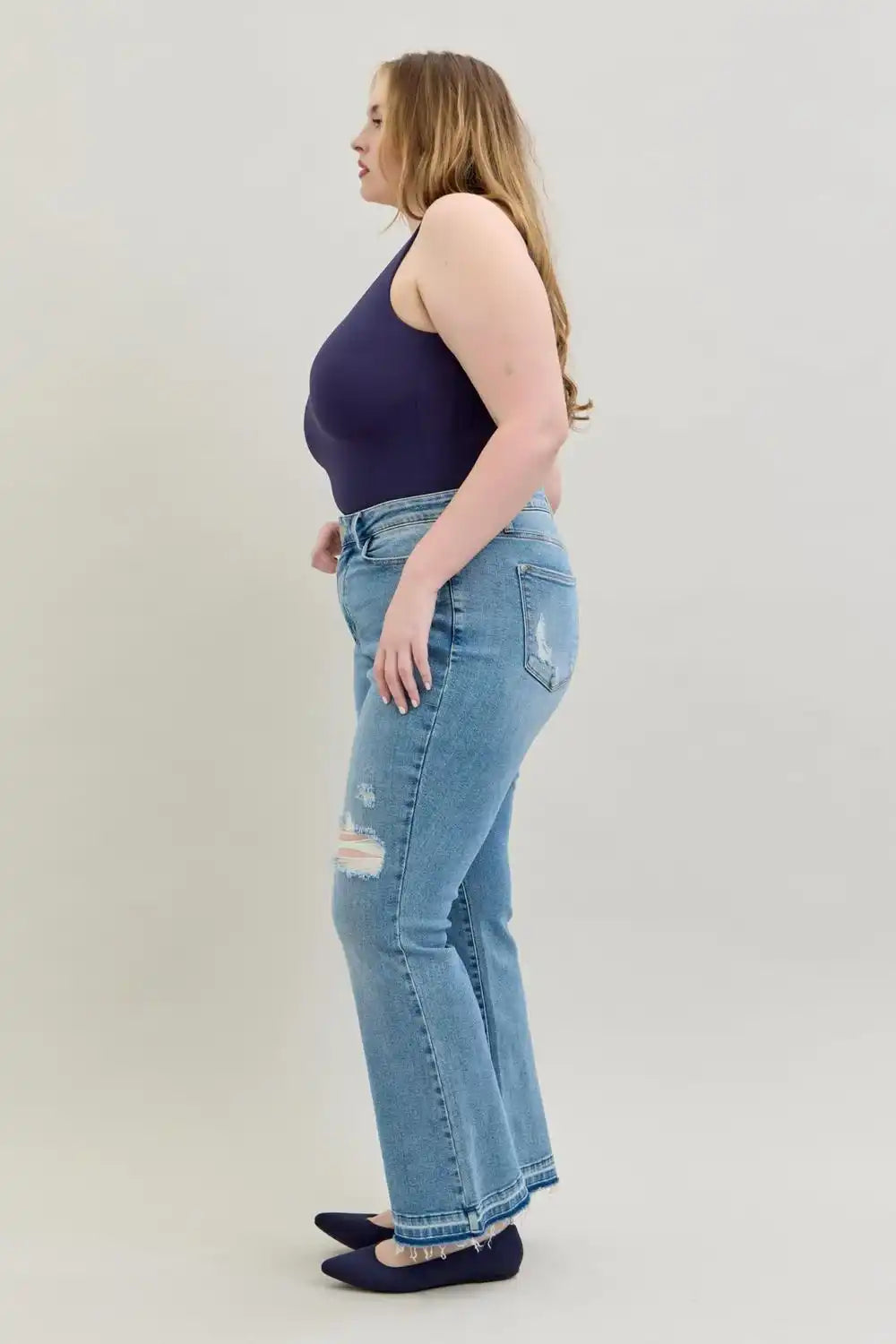 Judy Blue Mid Rise Destroy & Release Hem Bootcut Denim Jeans 88632 - Sleekdenim.com