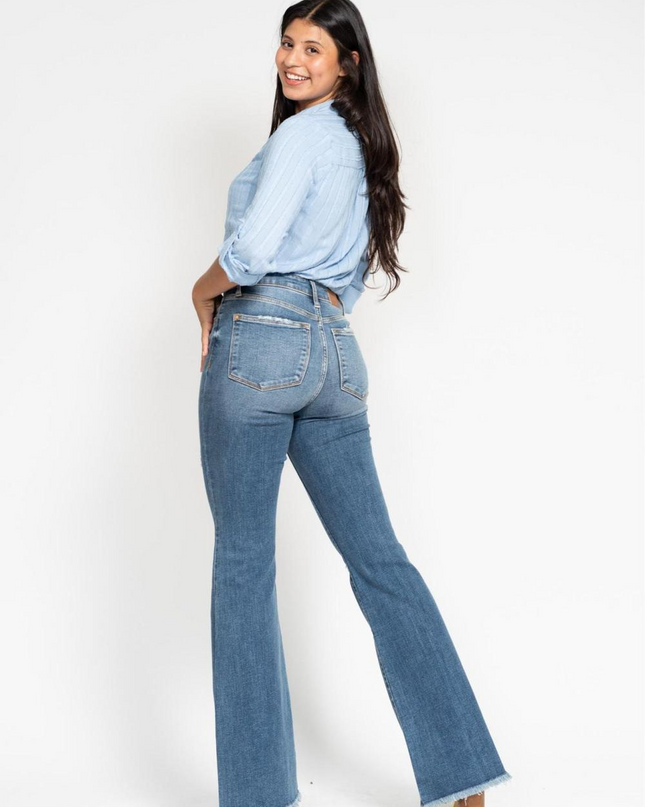 Judy Blue Mid Rise Button Fly Destroyed Fray Hem Flare Denim Jeans 82638 - Sleekdenim.com