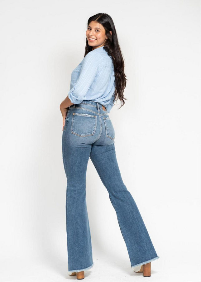 Judy Blue Mid Rise Button Fly Destroyed Fray Hem Flare Denim Jeans 82638 - Sleekdenim.com