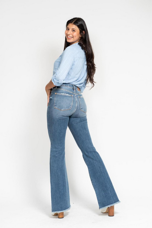 Judy Blue Mid Rise Button Fly Destroyed Fray Hem Flare Denim Jeans 82638 - Sleekdenim.com
