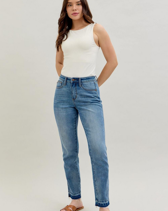 Judy Blue Mid Rise Rigid Magic Release Hem Boyfriend Denim Jeans 88818