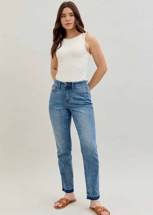 Judy Blue Mid Rise Rigid Magic Release Hem Boyfriend Denim Jeans 88818