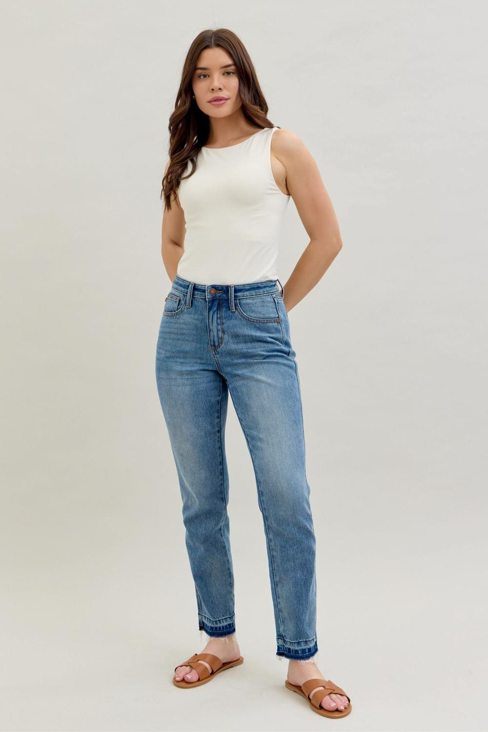 Judy Blue Mid Rise Rigid Magic Release Hem Boyfriend Denim Jeans 88818