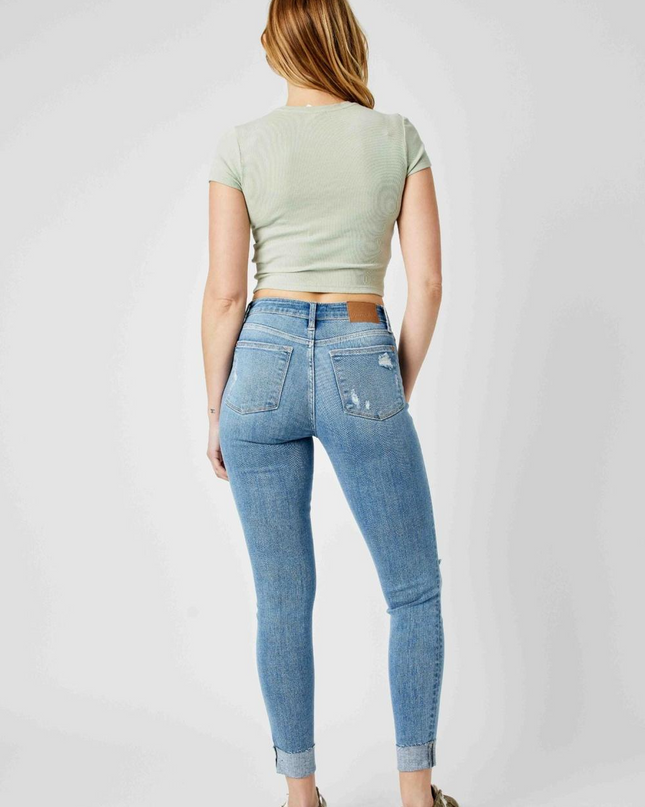 Judy Blue Mid Rise Destroy & Cuff Skinny Denim Jeans 82528
