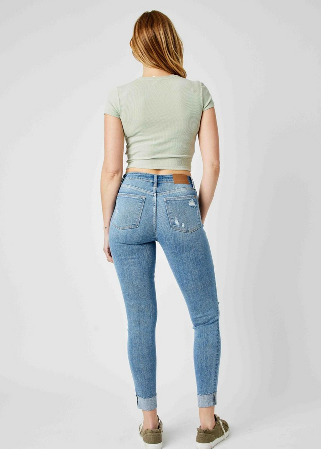 Judy Blue Mid Rise Destroy & Cuff Skinny Denim Jeans 82528
