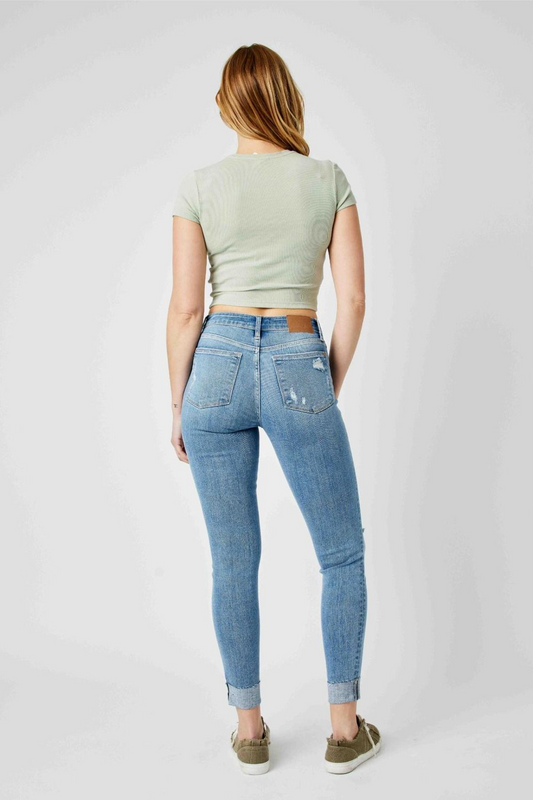 Judy Blue Mid Rise Destroy & Cuff Skinny Denim Jeans 82528
