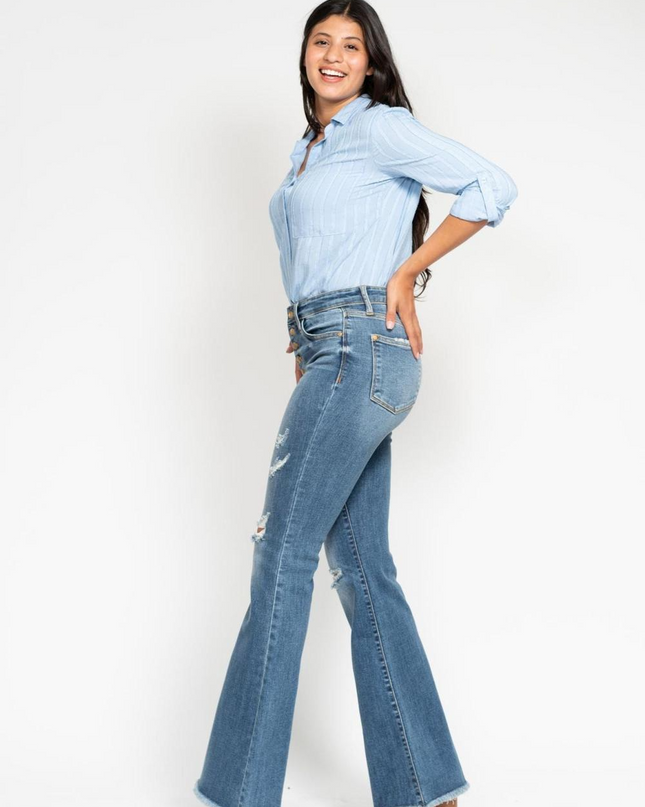 Judy Blue Mid Rise Button Fly Destroyed Fray Hem Flare Denim Jeans 82638 - Sleekdenim.com