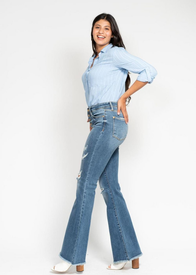 Judy Blue Mid Rise Button Fly Destroyed Fray Hem Flare Denim Jeans 82638 - Sleekdenim.com