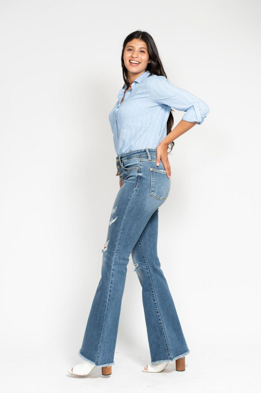 Judy Blue Mid Rise Button Fly Destroyed Fray Hem Flare Denim Jeans 82638 - Sleekdenim.com