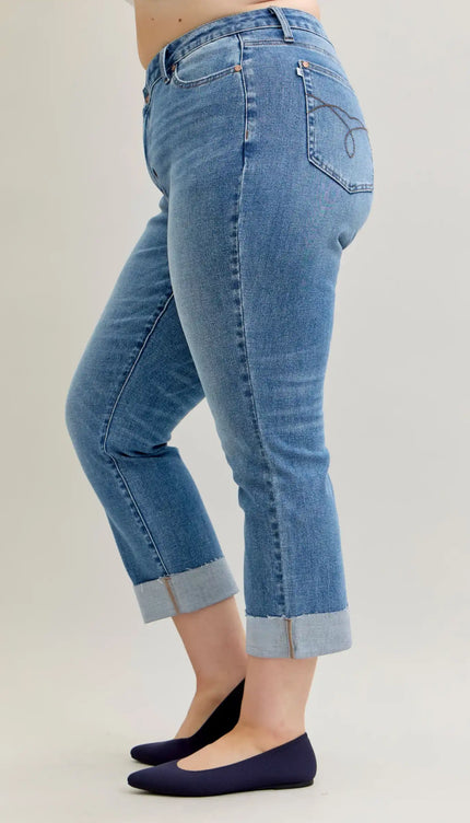 Judy Blue High Waist Criss-Cross Mild Destroy Single Cuff Boyfriend Denim Jeans 881003 - Sleekdenim.com