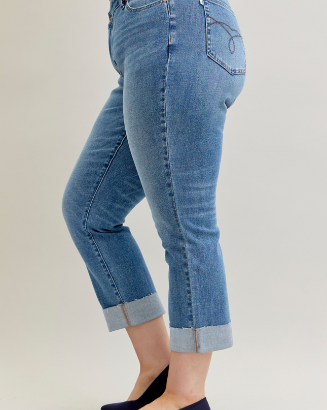 Judy Blue High Waist Criss-Cross Mild Destroy Single Cuff Boyfriend Denim Jeans 881003