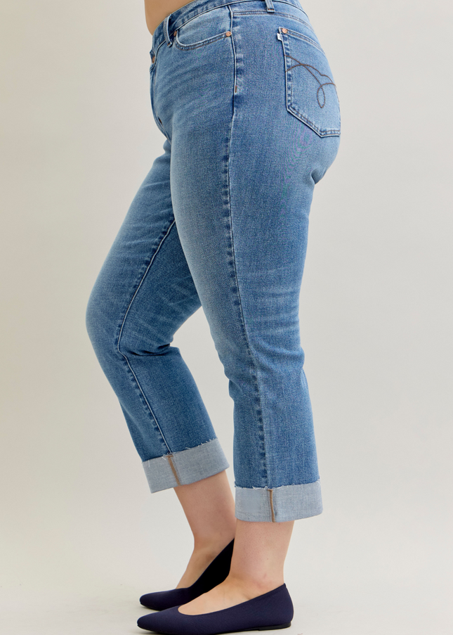 Judy Blue High Waist Criss-Cross Mild Destroy Single Cuff Boyfriend Denim Jeans 881003