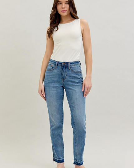 Judy Blue Mid Rise Rigid Magic Release Hem Boyfriend Denim Jeans 88818