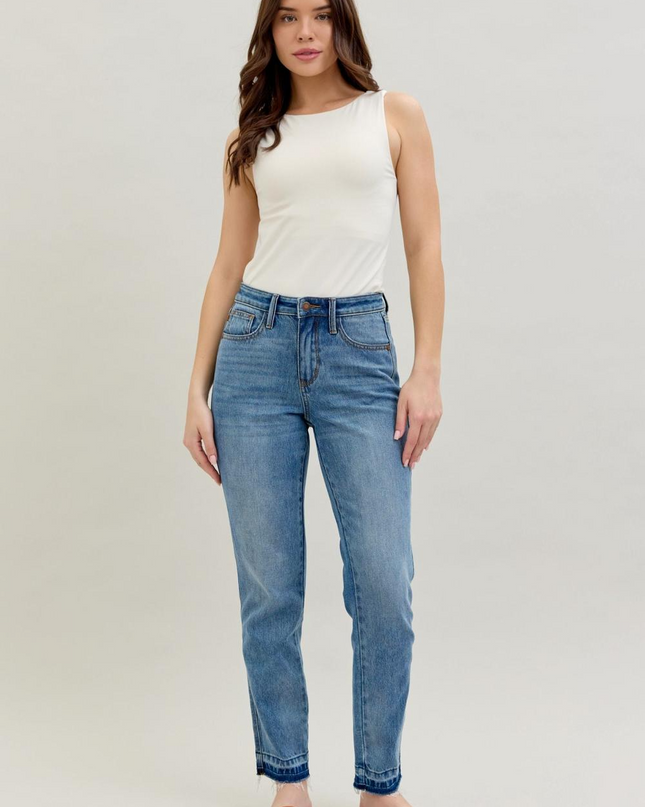 Judy Blue Mid Rise Rigid Magic Release Hem Boyfriend Denim Jeans 88818