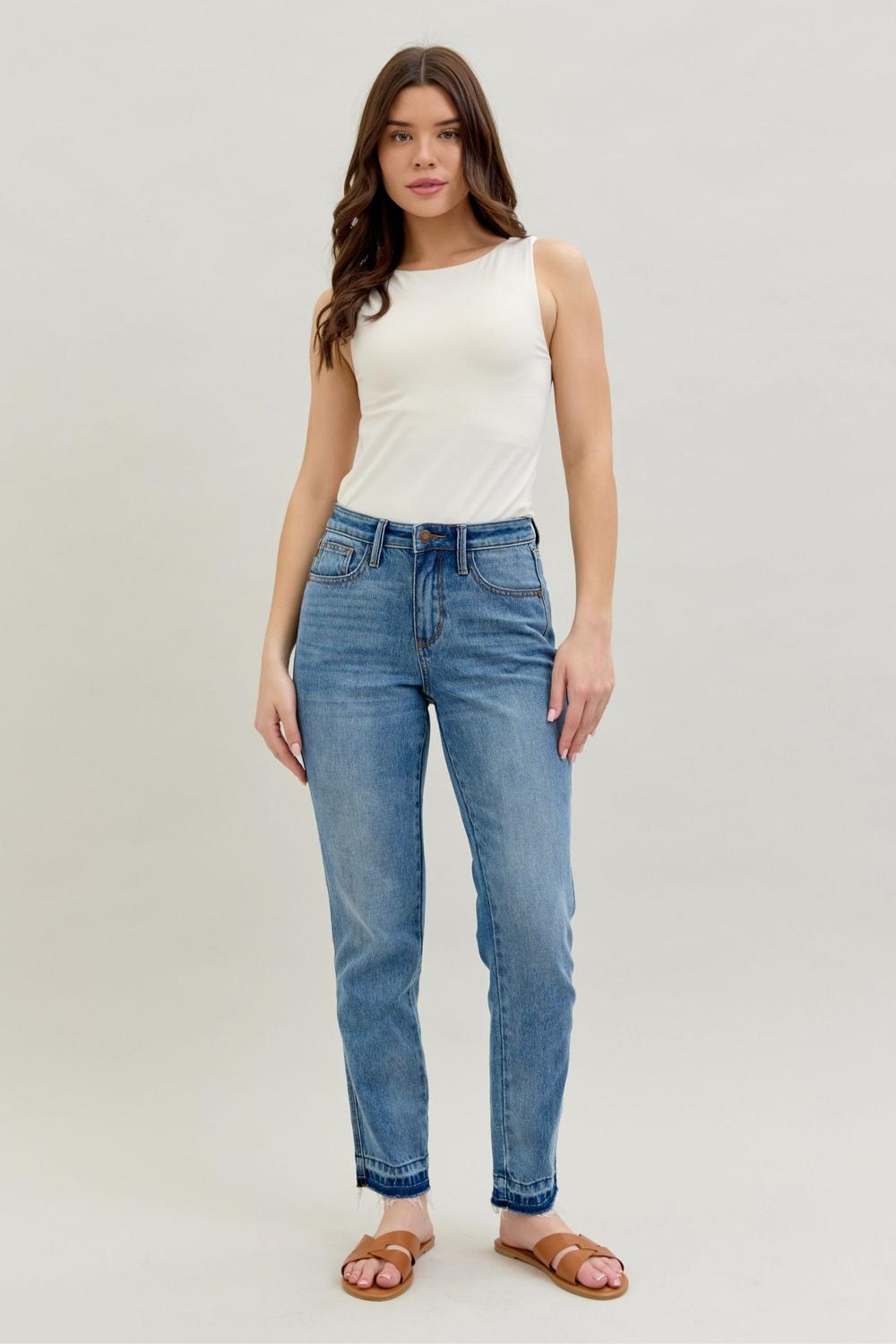 Judy Blue Mid Rise Rigid Magic Release Hem Boyfriend Denim Jeans 88818