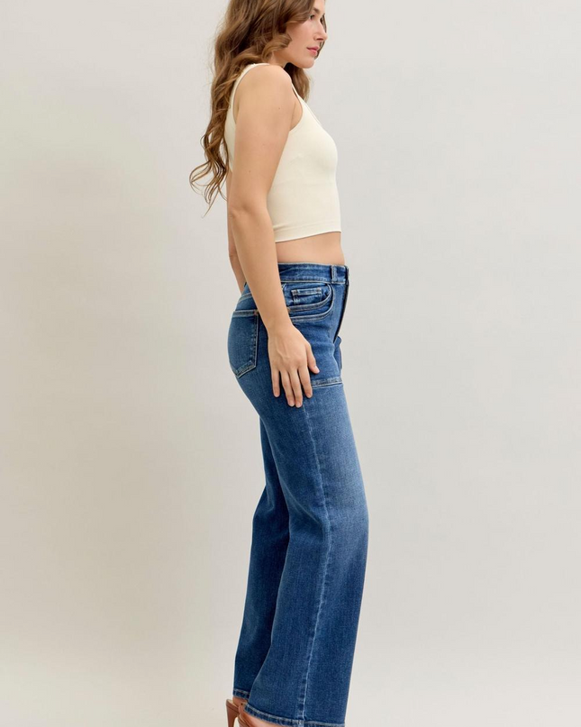Judy Blue Mid Rise 90's Front Patch Double Pocket Straight Denim Jeans 82680 - Sleekdenim.com