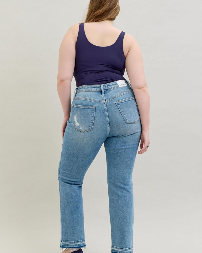 Judy Blue Mid Rise Destroy & Release Hem Bootcut Denim Jeans 88632