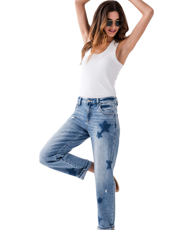 Risen Celeste Mid Rise Star Shadow Boyfriend Jeans - PGA21091