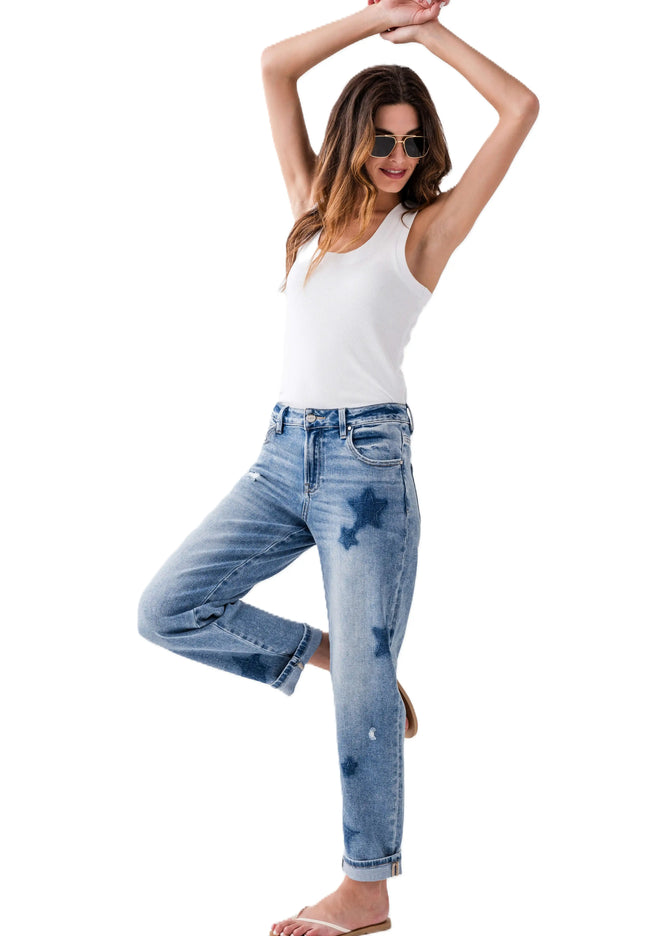 Risen Celeste Mid Rise Star Shadow Boyfriend Jeans - PGA21091 - Sleekdenim.com