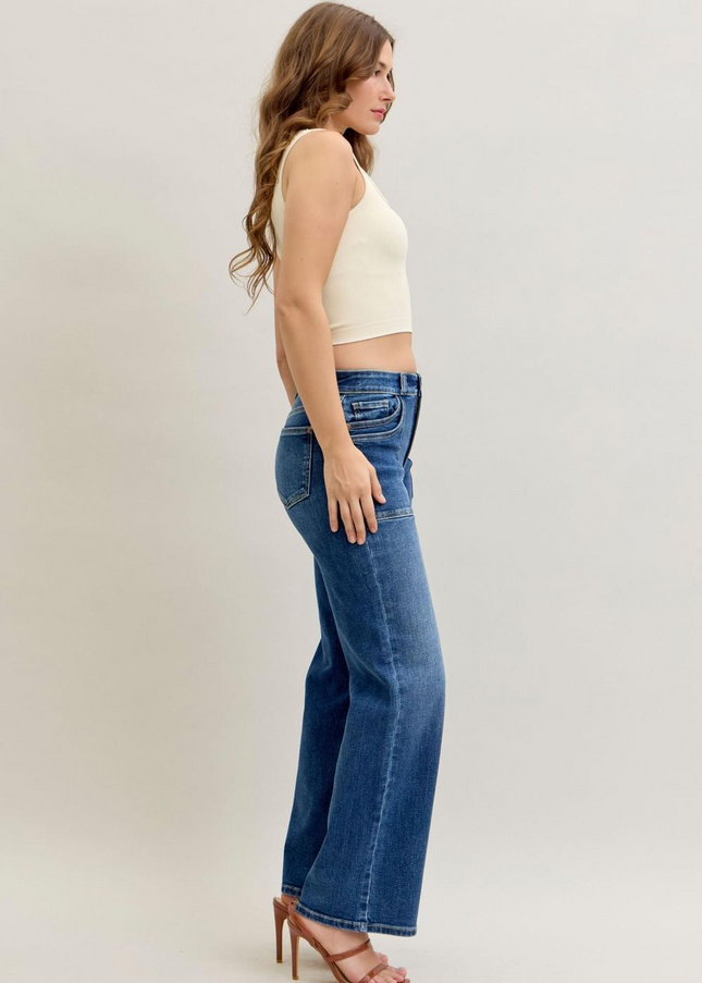 Judy Blue Mid Rise 90's Front Patch Double Pocket Straight Denim Jeans 82680 - Sleekdenim.com