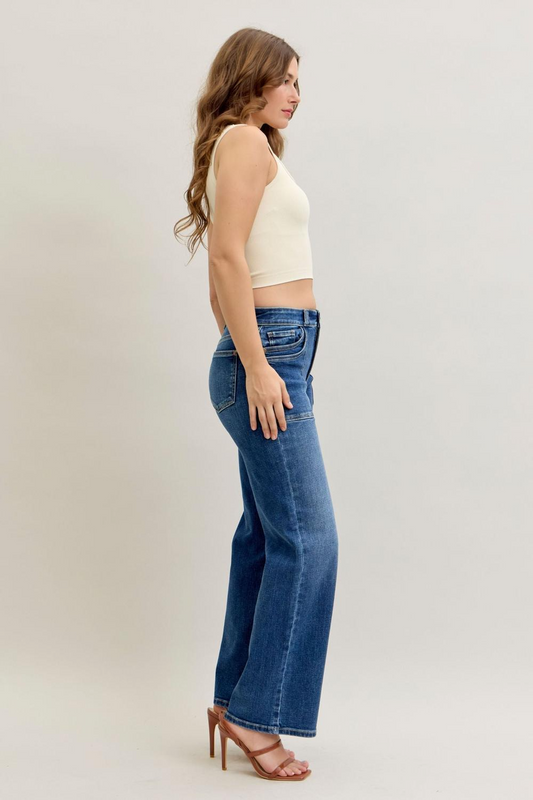 Judy Blue Mid Rise 90's Front Patch Double Pocket Straight Denim Jeans 82680 - Sleekdenim.com