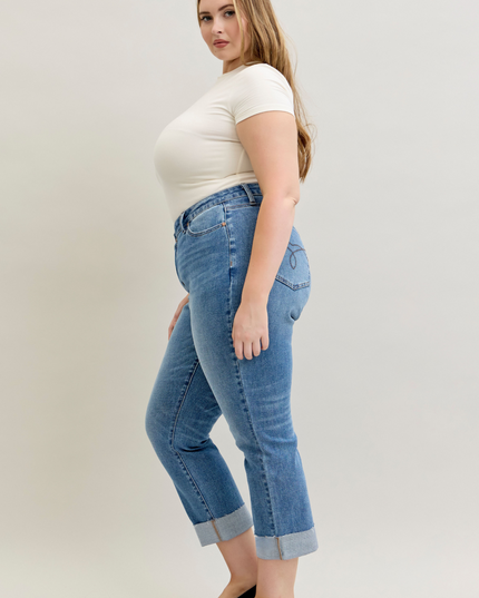 Judy Blue High Waist Criss-Cross Mild Destroy Single Cuff Boyfriend Denim Jeans 881003