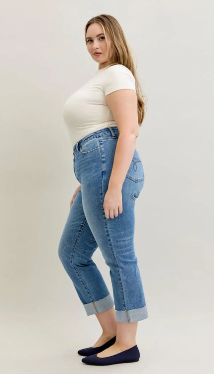 Judy Blue High Waist Criss-Cross Mild Destroy Single Cuff Boyfriend Denim Jeans 881003 - Sleekdenim.com