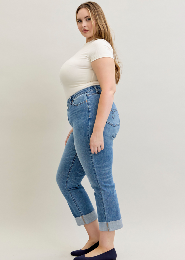 Judy Blue High Waist Criss-Cross Mild Destroy Single Cuff Boyfriend Denim Jeans 881003