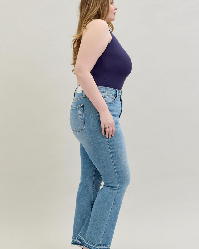 Judy Blue Mid Rise Destroy & Release Hem Bootcut Denim Jeans 88632