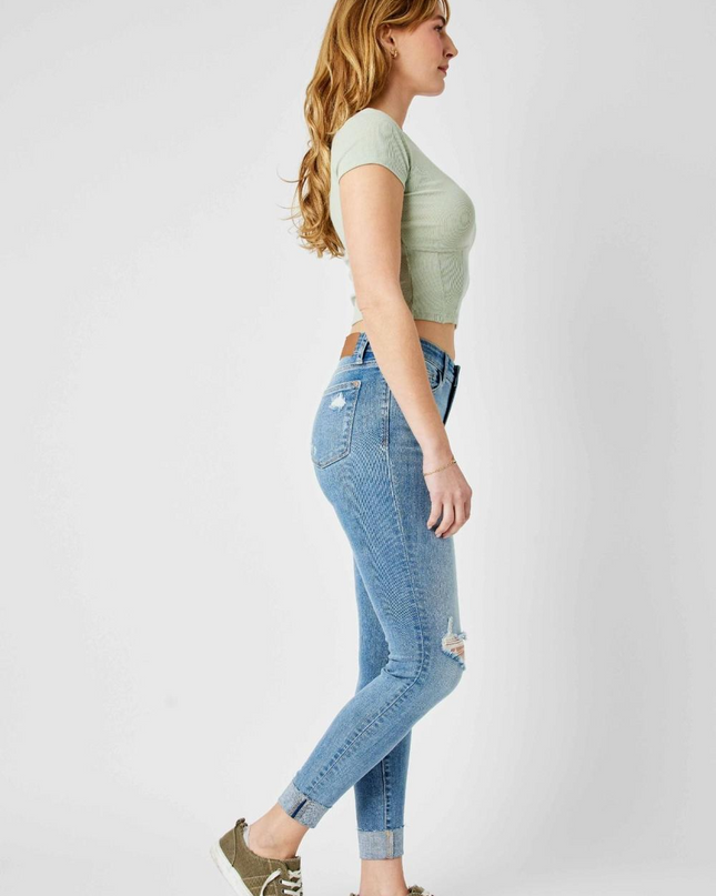 Judy Blue Mid Rise Destroy & Cuff Skinny Denim Jeans 82528