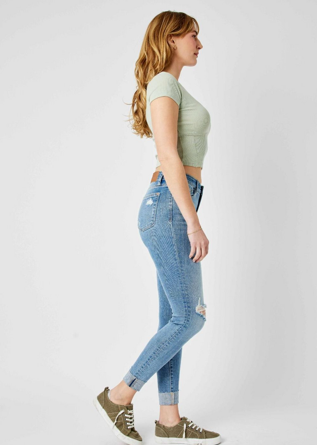 Judy Blue Mid Rise Destroy & Cuff Skinny Denim Jeans 82528