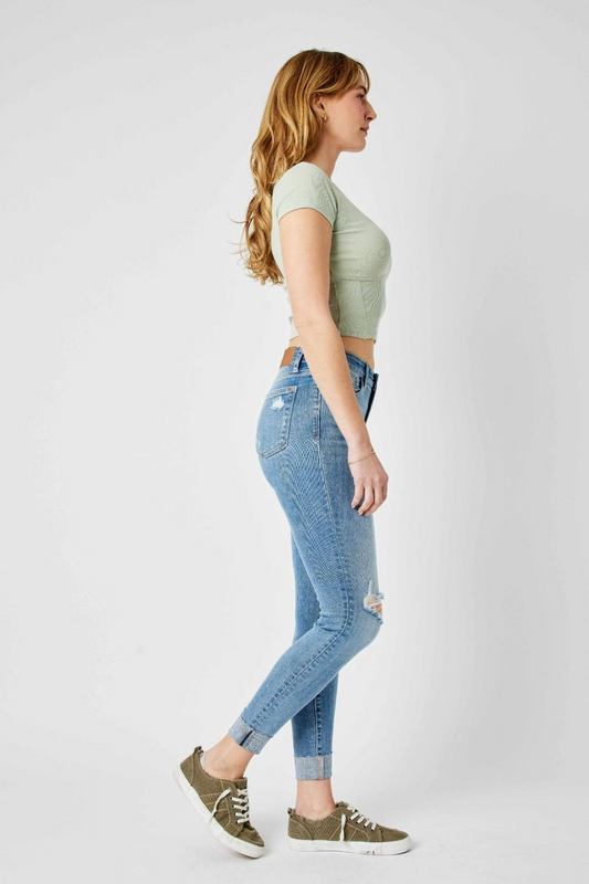 Judy Blue Mid Rise Destroy & Cuff Skinny Denim Jeans 82528