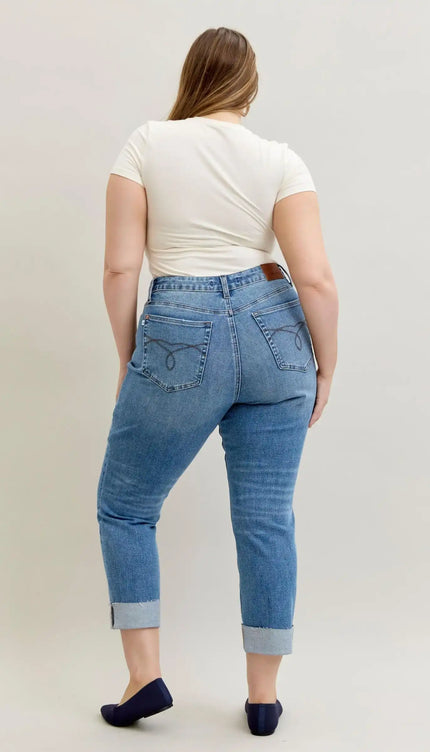 Judy Blue High Waist Criss-Cross Mild Destroy Single Cuff Boyfriend Denim Jeans 881003 - Sleekdenim.com